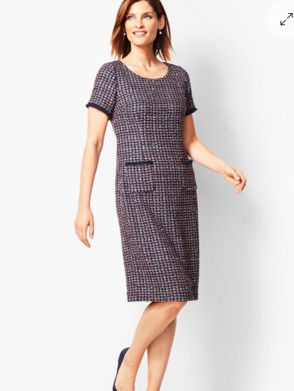 Talbots Classic Navy Multicolor Tweed Shift Dress Size 10 Fringe